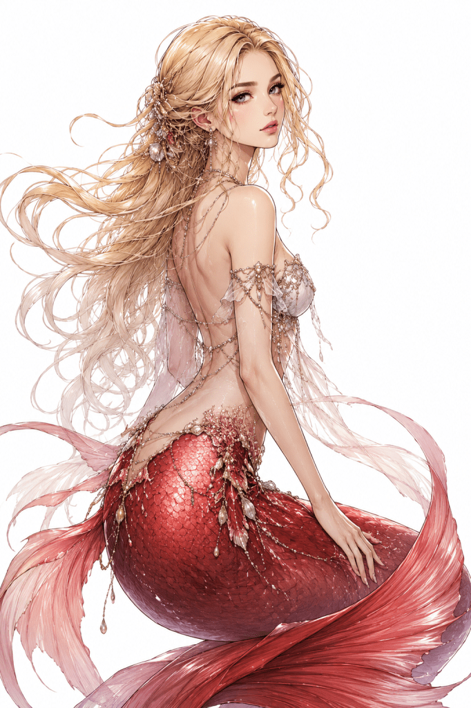 Aya, sirena protagonista de la Saga Elementum, con una cola roja y cabello dorado.