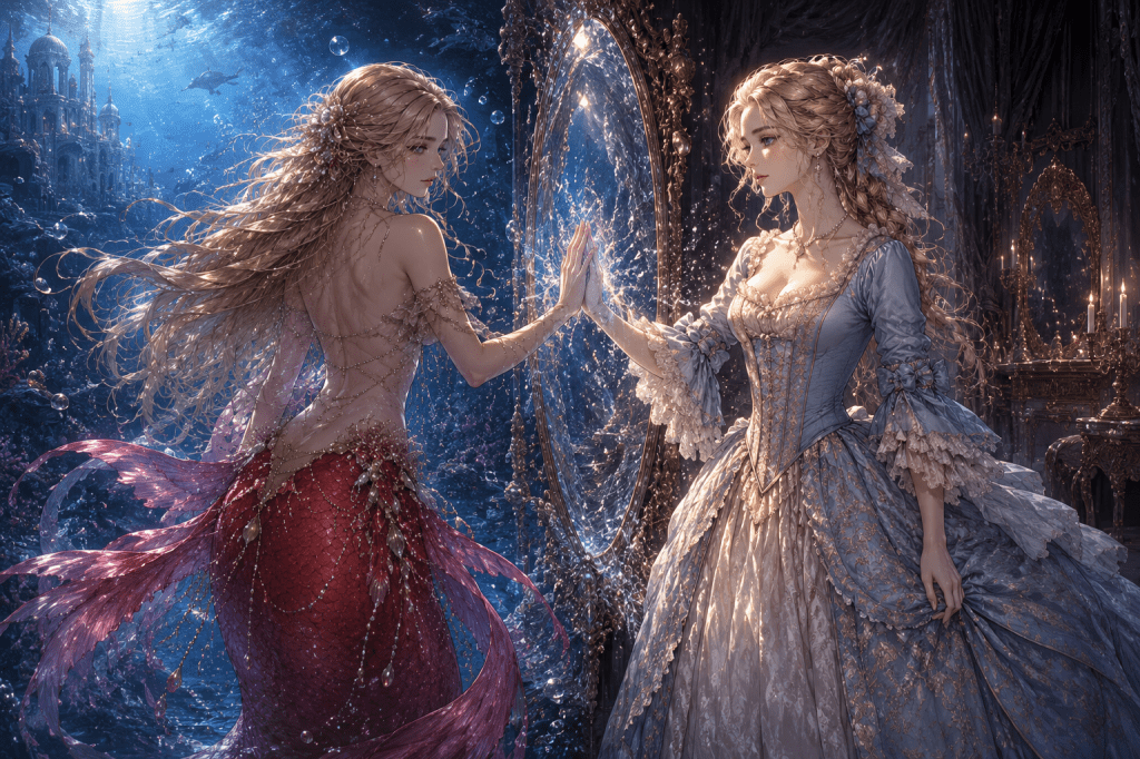 Aya frente a su reflejo humano como Elisabeth Periwinkle