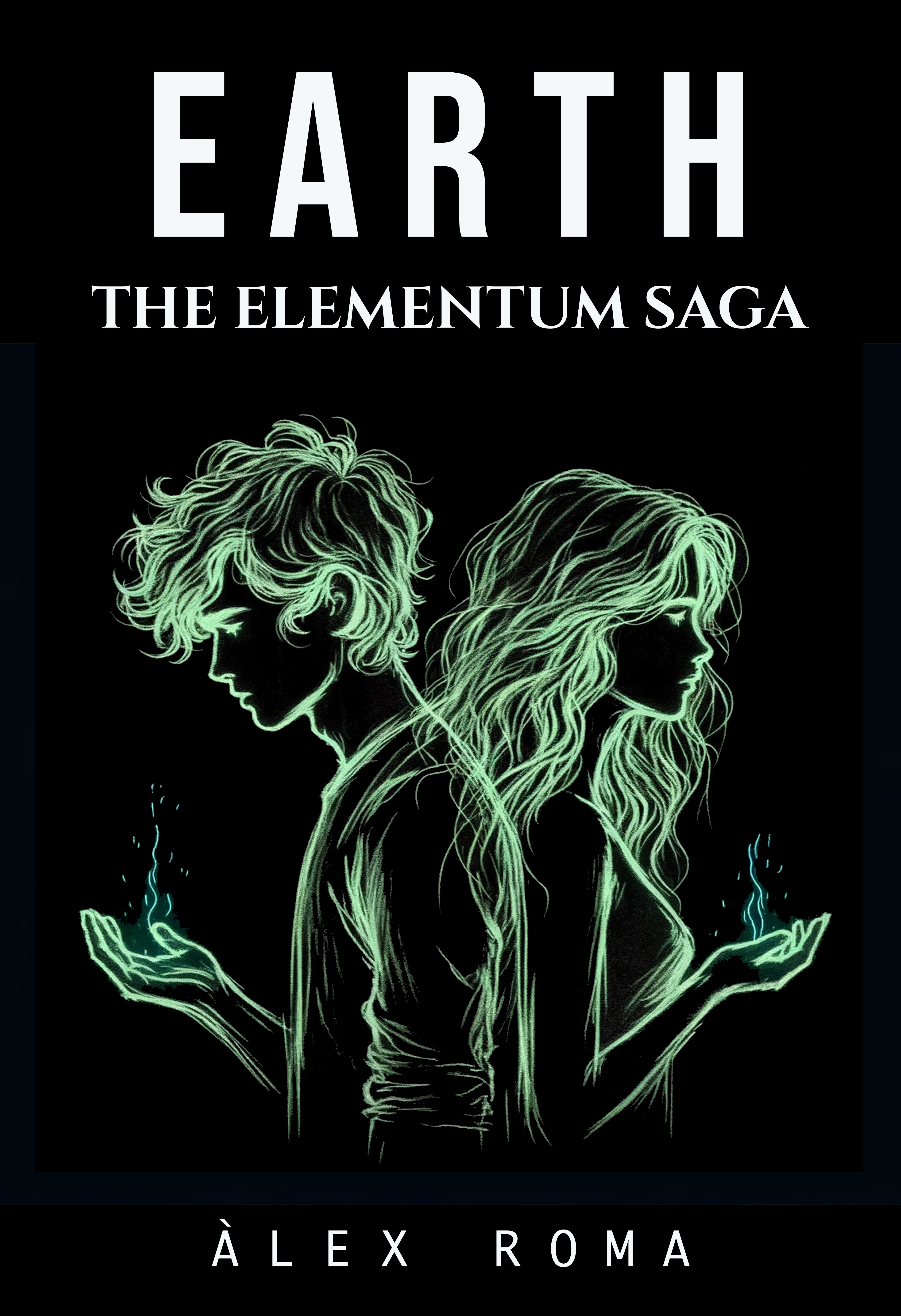 Earth book cover from The Elementum Saga featuring two mysterious characters controlling green elemental energy