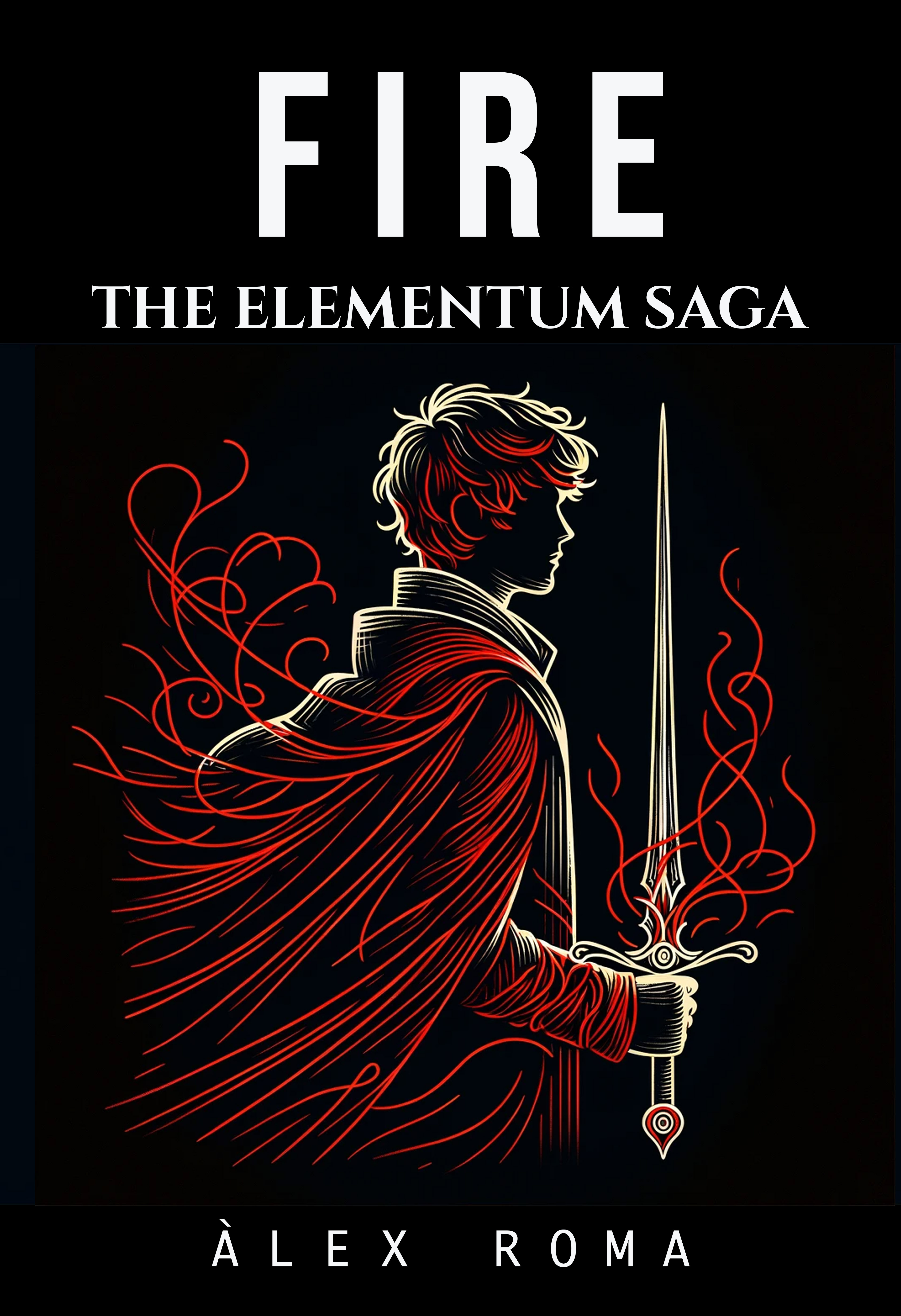 Fire book cover from The Elementum Saga featuring a mysterious young warrior with a sword and red elemental flames