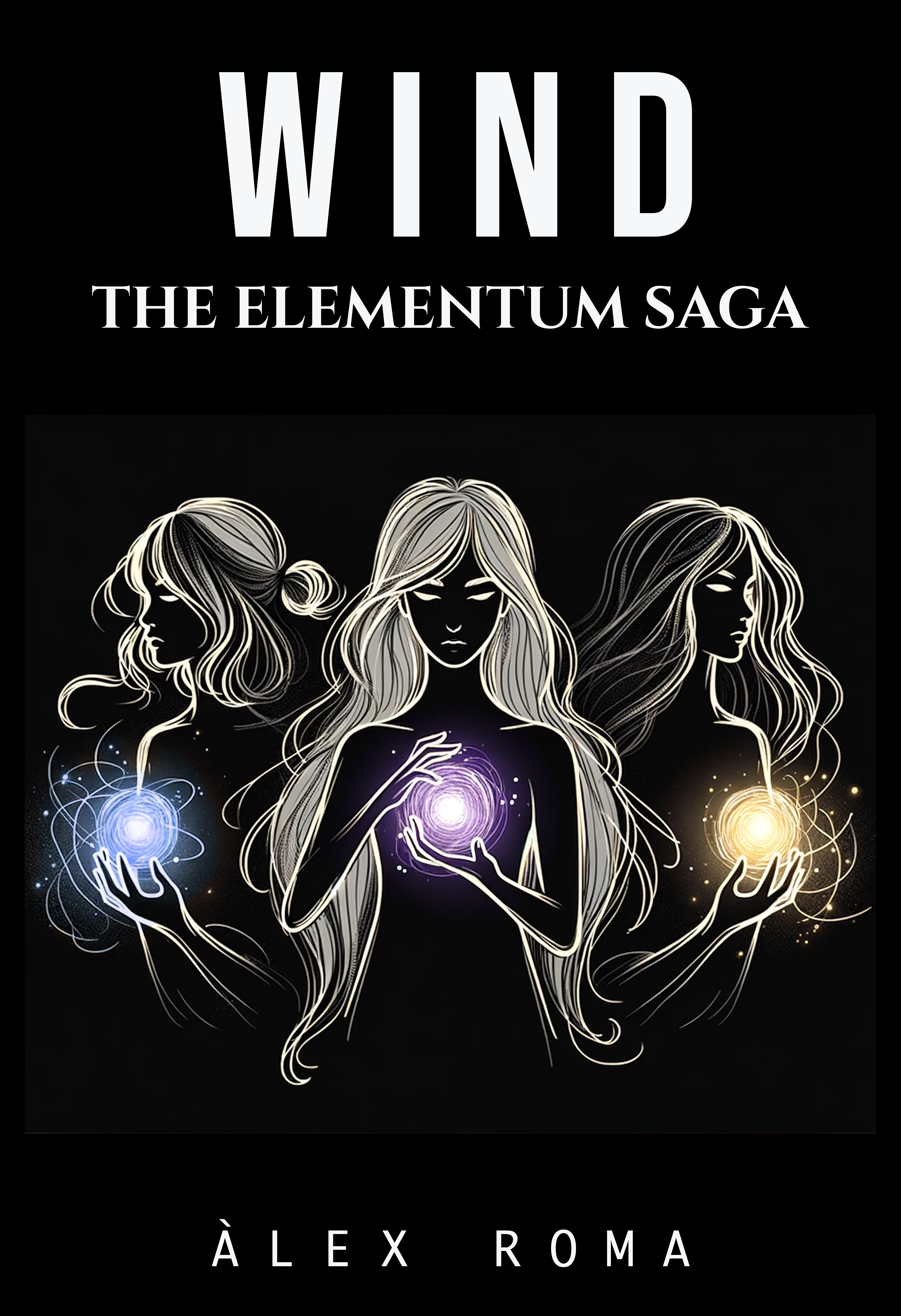 Wind book cover from The Elementum Saga featuring three mysterious women controlling magical elemental energy