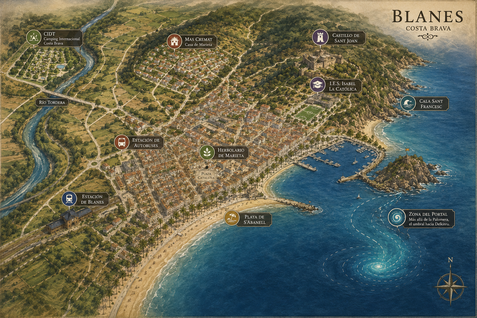 Mapa ilustrado de Blanes ambientado en el universo fantasy de la Saga Elementum