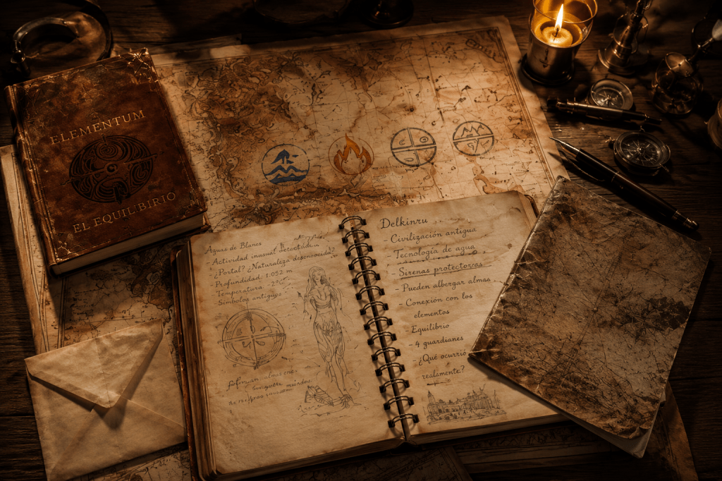 Cuaderno antiguo donde Elian descubre la existencia de Delkinru y las sirenas