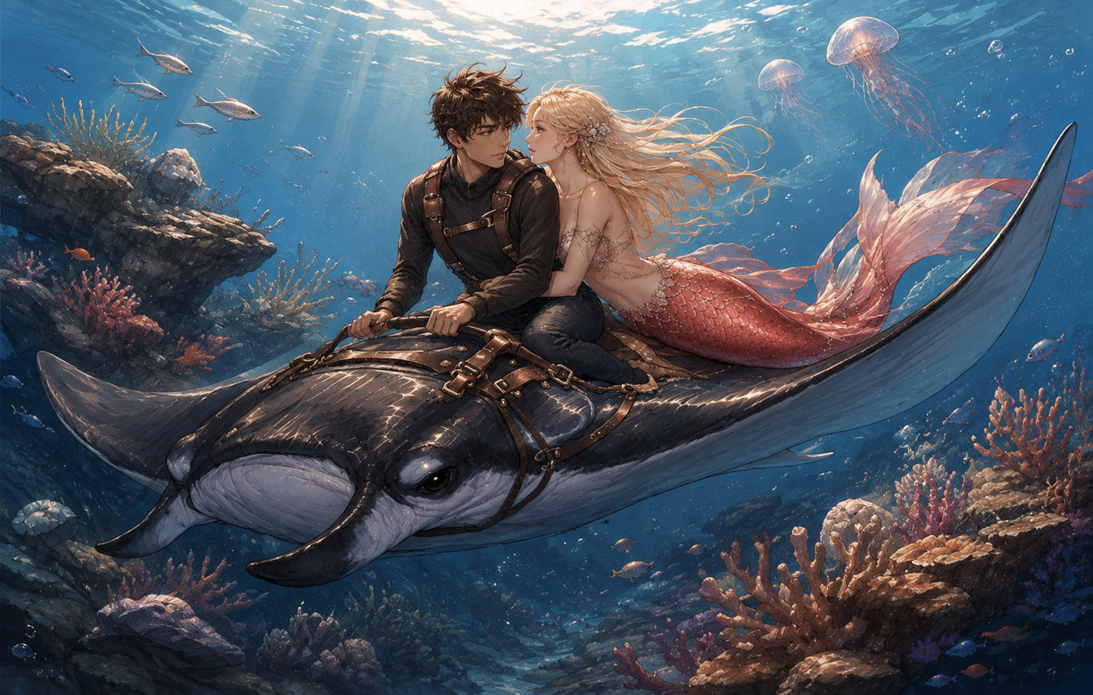 Elian and Aya riding a giant manta ray in the underwater fantasy world of The Elementum Saga