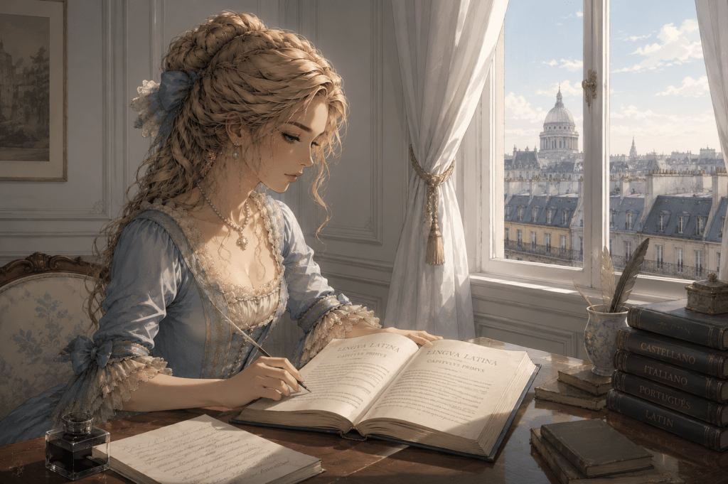 Aya en su vida humana como Elisabeth Periwinkle estudiando en París”
