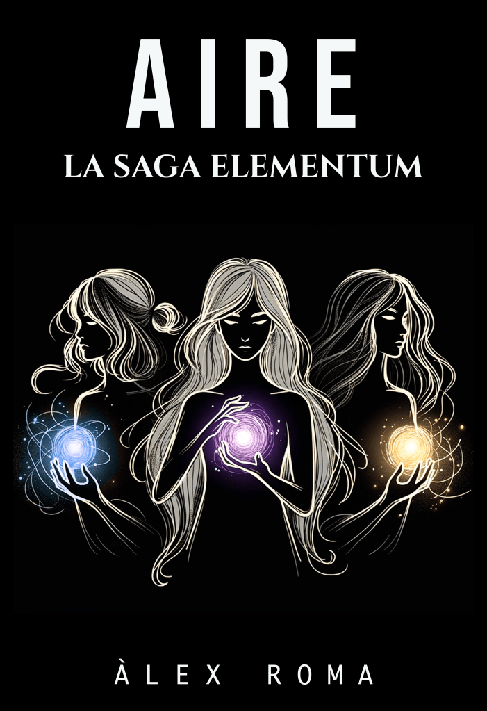 Portada de Aire, tercer libro de la Saga Elementum, con tres figuras femeninas sosteniendo esferas de energía elemental