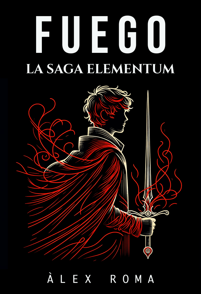 Portada de Fuego, segundo libro de la Saga Elementum, con un joven sosteniendo una espada rodeado de llamas