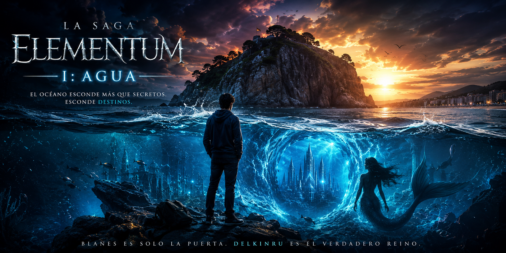 Portada de Saga Elementum Agua con Elian descubriendo el reino submarino de Delkinru