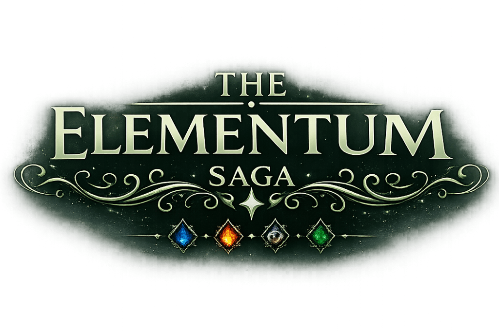The Elementum Saga fantasy logo with elemental gemstones representing water, fire, air and earth