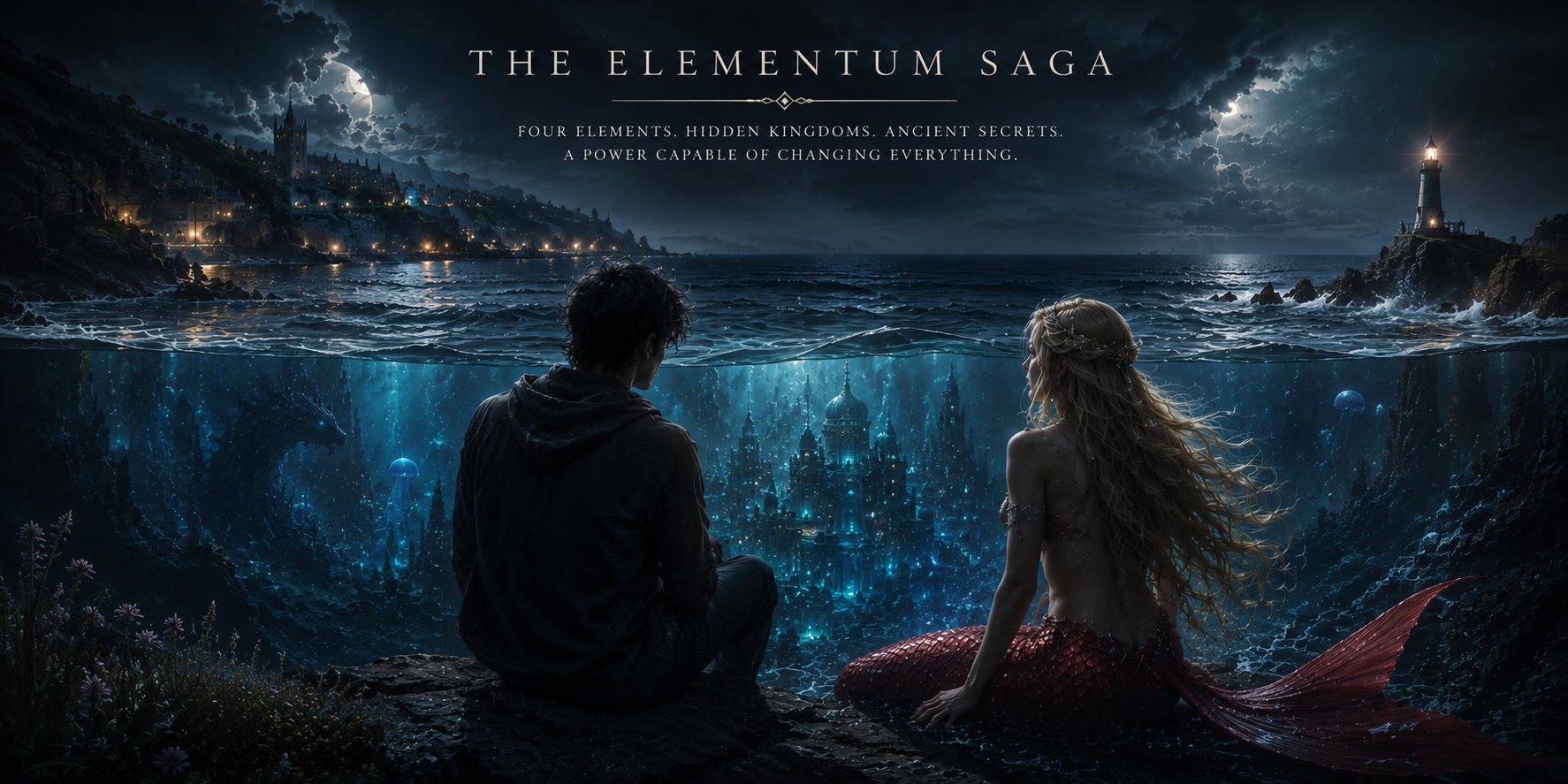 Elian and Aya looking at the hidden underwater kingdom of Delkinru in The Elementum Saga fantasy series