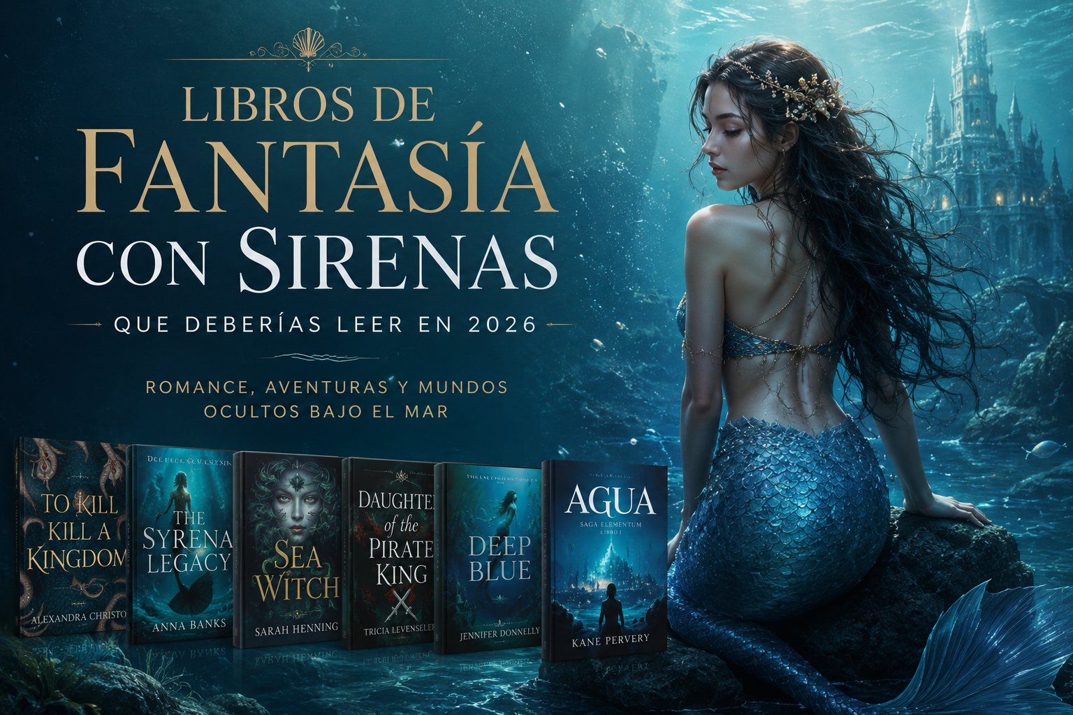 Selección de libros de fantasía con sirenas para jóvenes y adultos, incluyendo Agua de la Saga Elementum junto a otras novelas de romance y aventuras marinas.