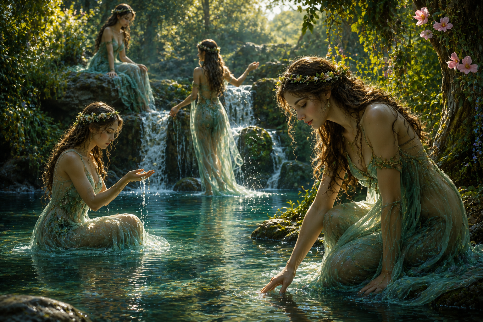 Náyades de la mitología griega junto a un río y una cascada en un bosque mágico