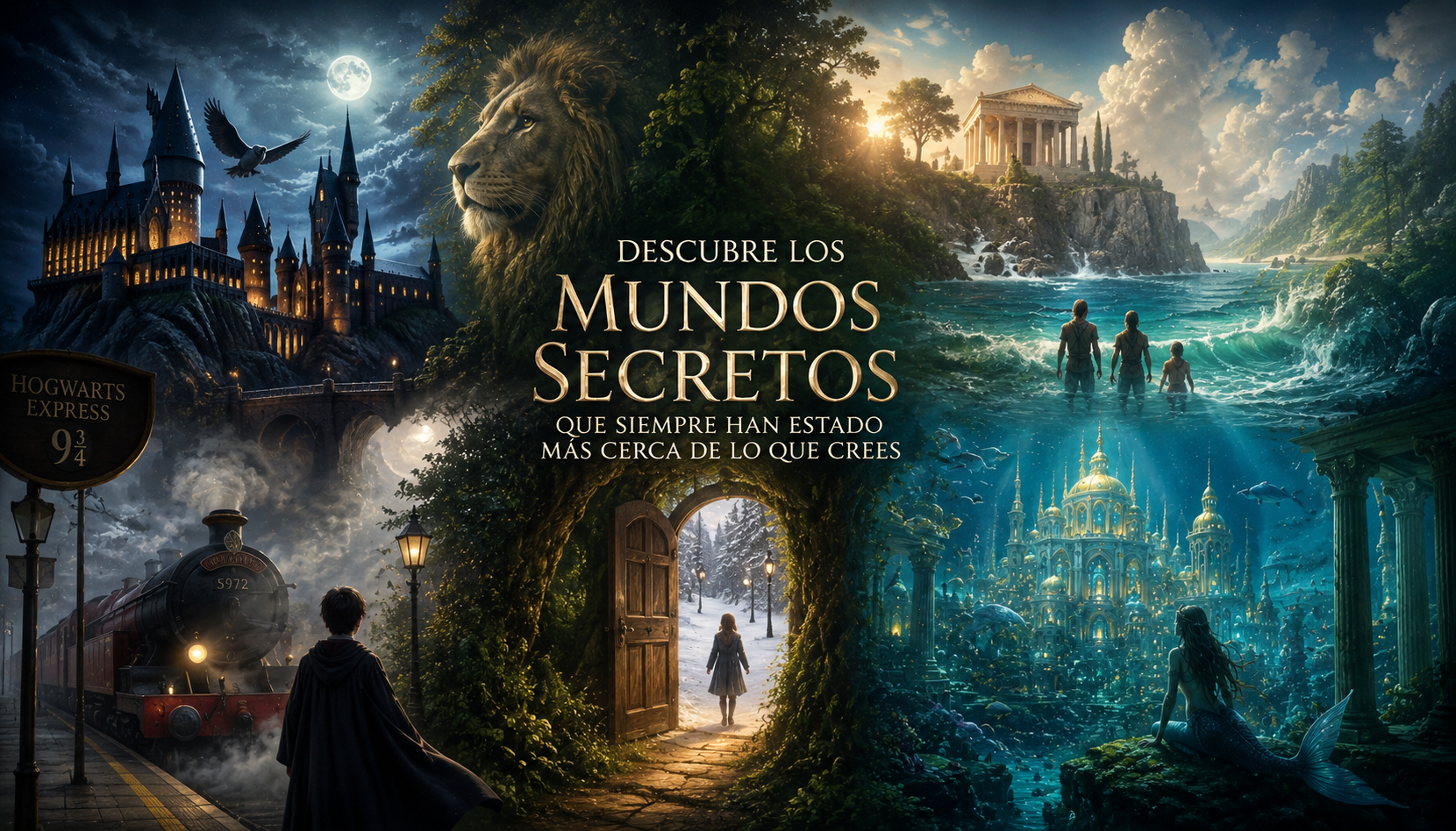 Mundos secretos de la literatura fantástica con un castillo mágico, una puerta encantada y un reino submarino oculto