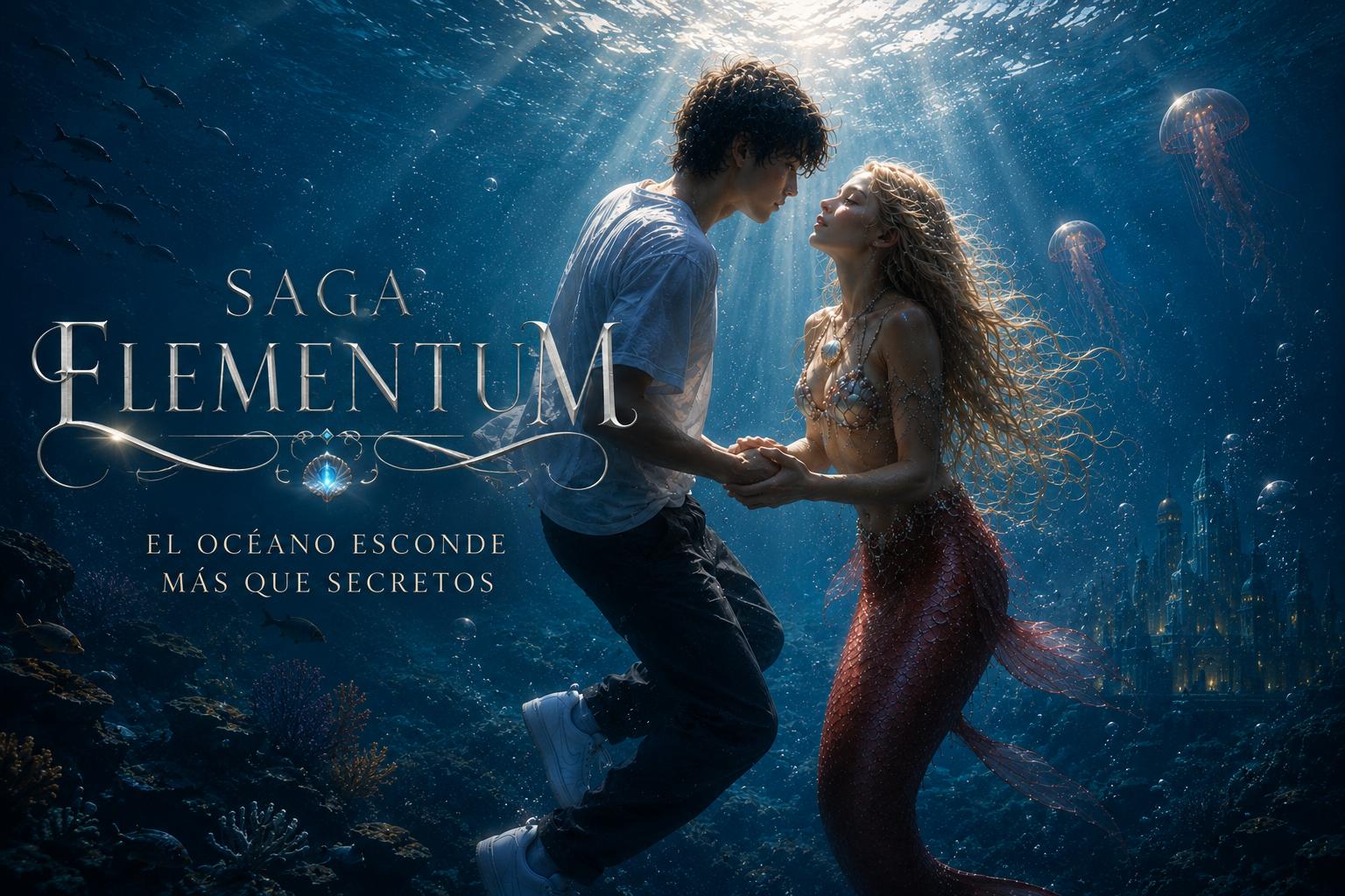 Saga Elementum: Aya, una sirena con un colgante de concha, y Elian, un adolescente del siglo XXI, se cogen de las manos bajo el océano en una escena de romance fantástico.